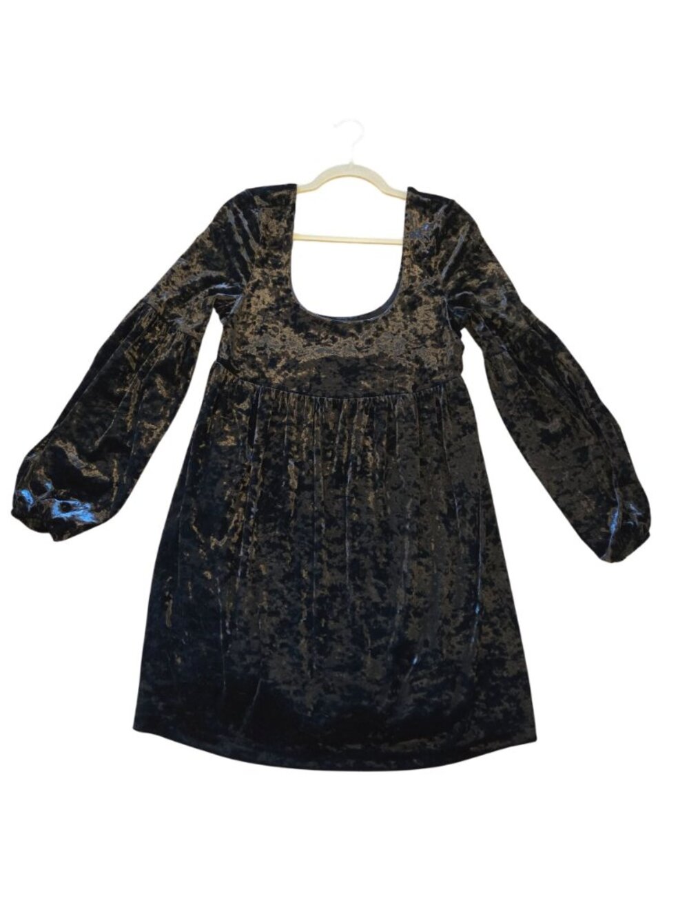FREE PEOPLE Black Velvet Babydoll Dress With Long Balloon Sleeves Scoop Neck Siz - Picture 2 of 6